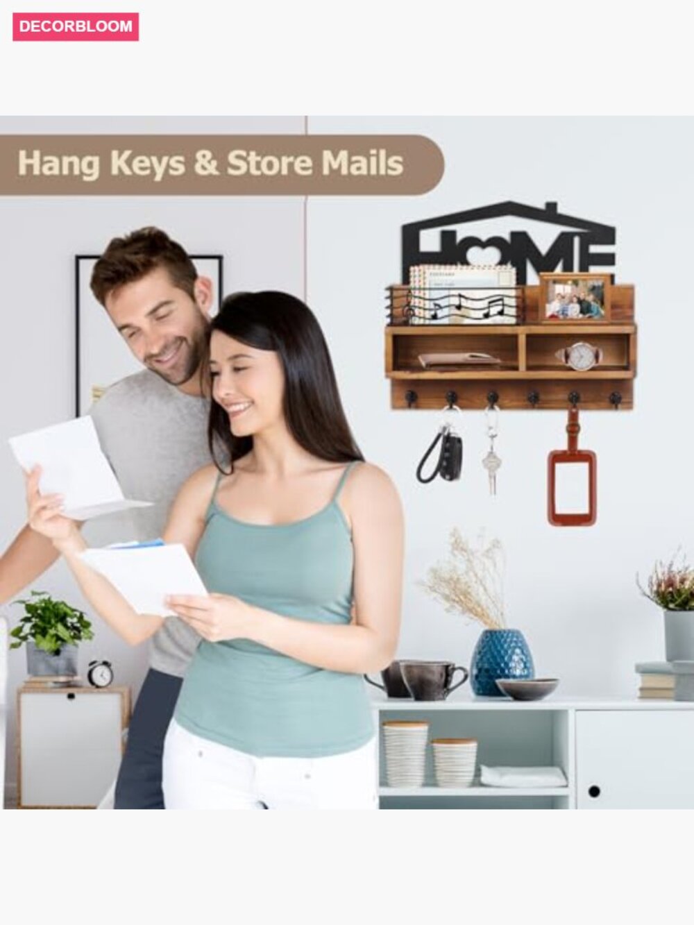 Wooden Key Holder Wall Mount with Shelf and 6 Hooks - Picture 2 of 7